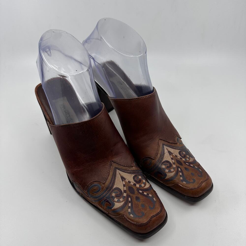 Matisse Paisley Square Toe Slide On High Heels Womens 6M Brown Leather Mules